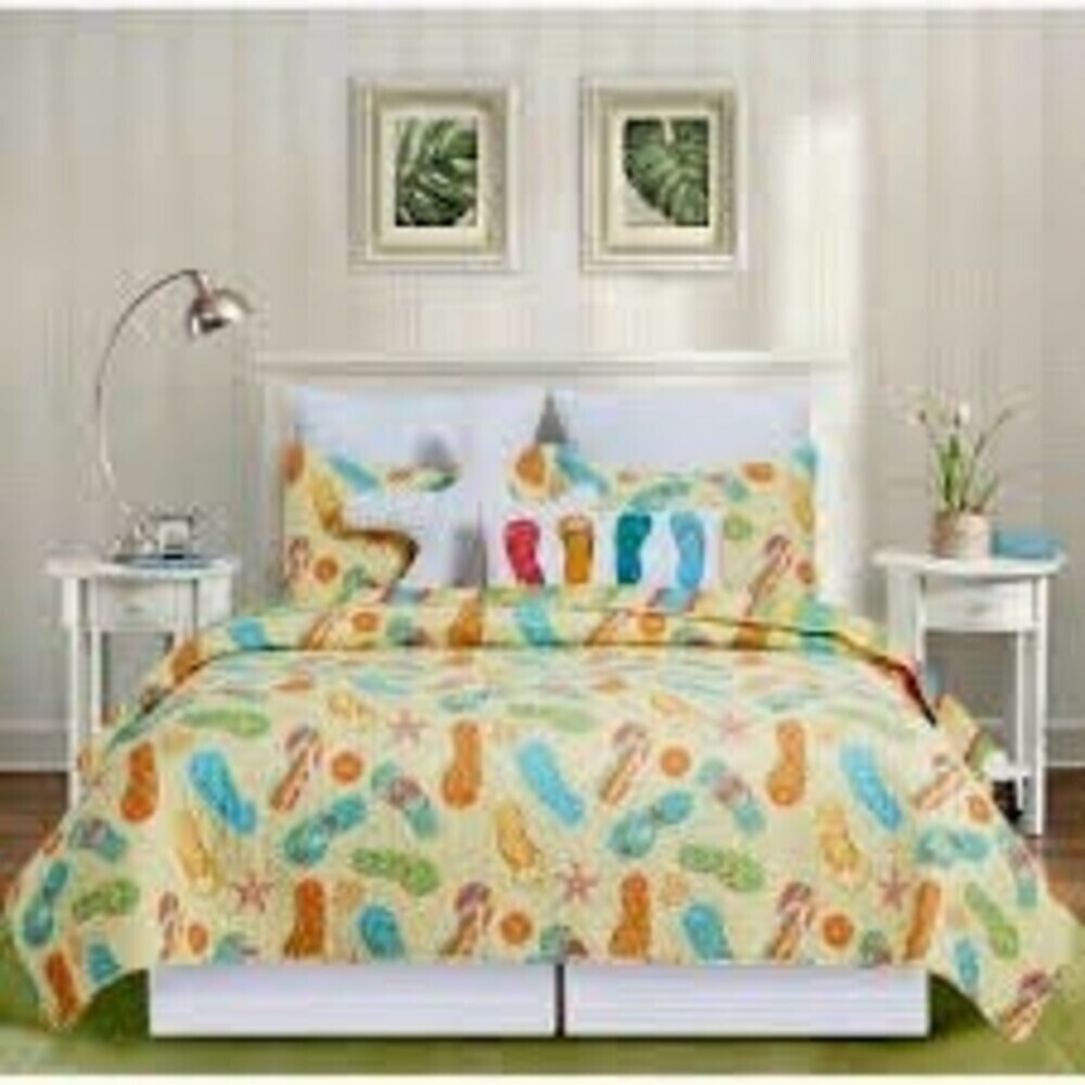 C & F Quilt Set Full/Queen Multicolor Coastal Flip Flop Beach W/Matching Shams
